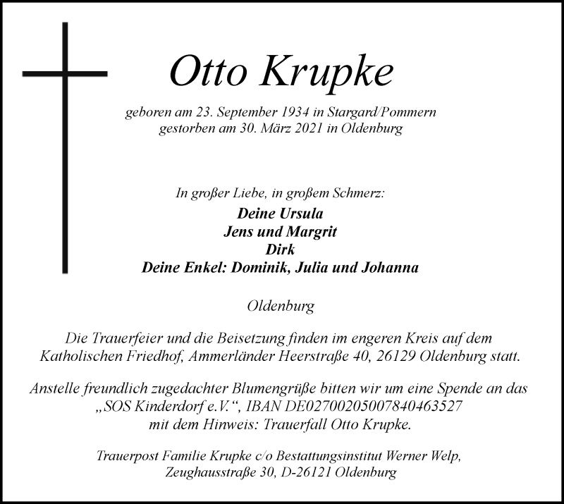  Traueranzeige für Otto Krupke vom 07.04.2021 aus Nordwest-Zeitung
