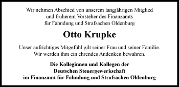 Traueranzeige von Otto Krupke von Nordwest-Zeitung