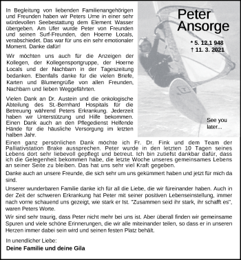 Traueranzeige von Peter Ansorge von Nordwest-Zeitung