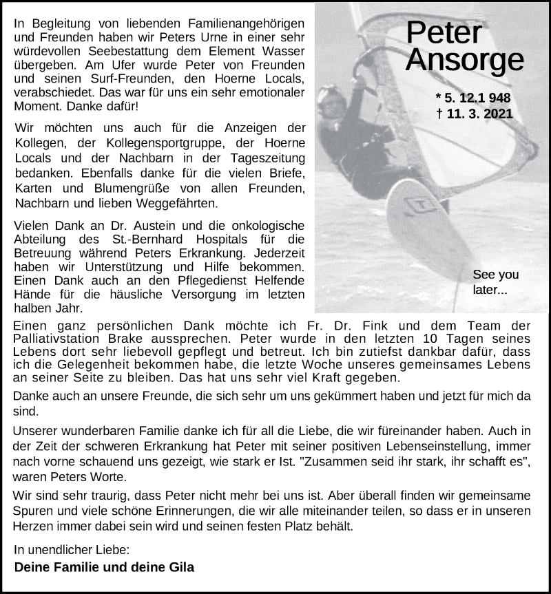  Traueranzeige für Peter Ansorge vom 23.04.2021 aus Nordwest-Zeitung