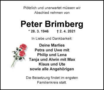Traueranzeige von Peter Brimberg von Nordwest-Zeitung