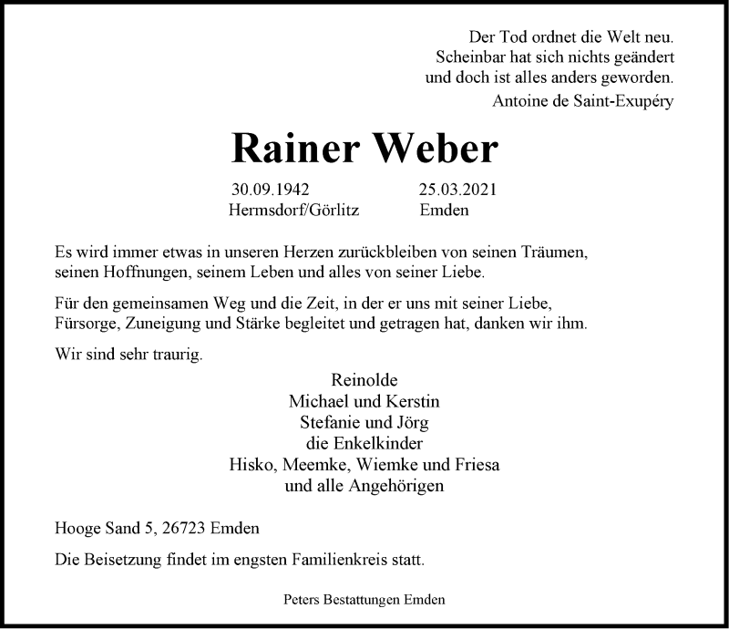  Traueranzeige für Rainer Weber vom 02.04.2021 aus Emder Zeitung