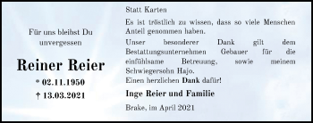 Traueranzeige von Reiner Reier von Nordwest-Zeitung