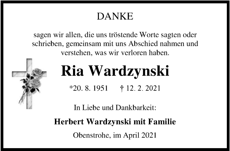  Traueranzeige für Ria Wardzynski vom 03.04.2021 aus Nordwest-Zeitung