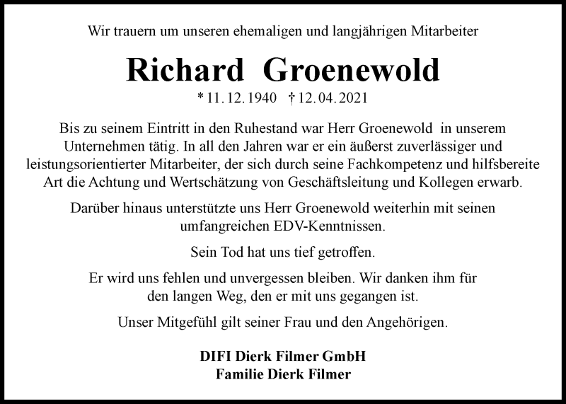  Traueranzeige für Richard Groenewold vom 17.04.2021 aus Nordwest-Zeitung