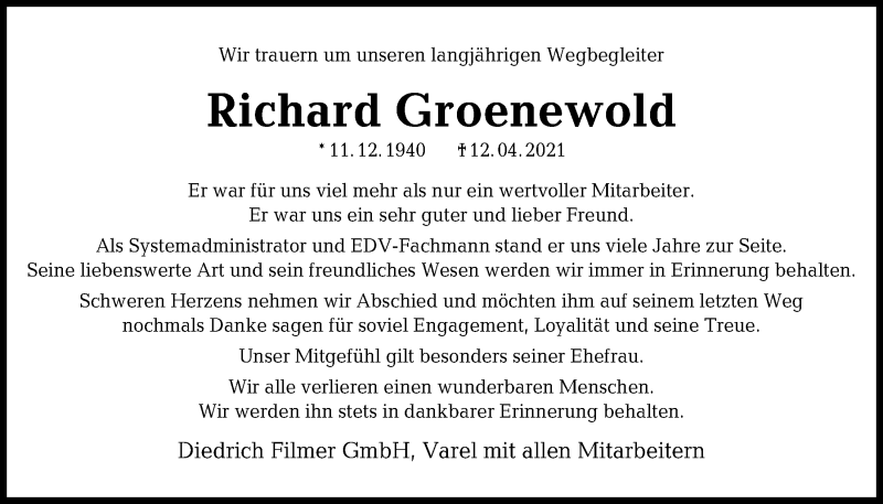  Traueranzeige für Richard Groenewold vom 14.04.2021 aus Nordwest-Zeitung