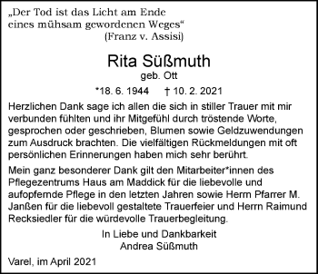 Traueranzeige von Rita Süßmuth von Nordwest-Zeitung