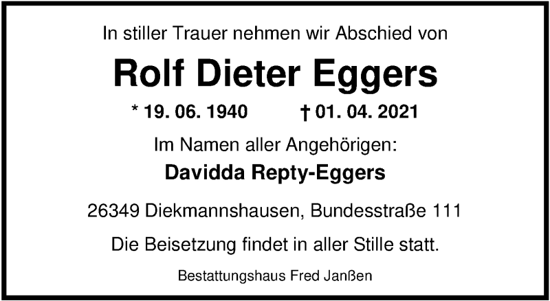  Traueranzeige für Rolf Dieter Eggers vom 07.04.2021 aus Nordwest-Zeitung