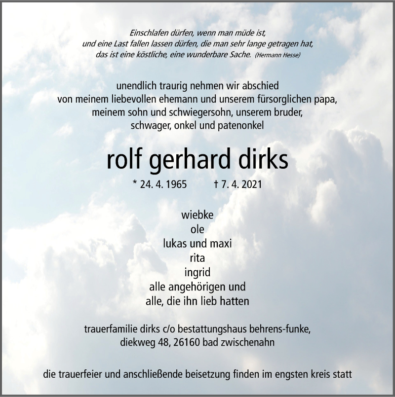  Traueranzeige für Rolf Gerhard Dirks vom 17.04.2021 aus Nordwest-Zeitung