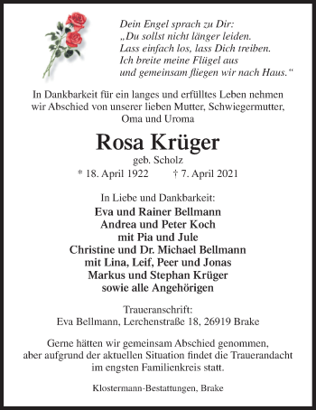Traueranzeige von Rosa Krüger von Nordwest-Zeitung