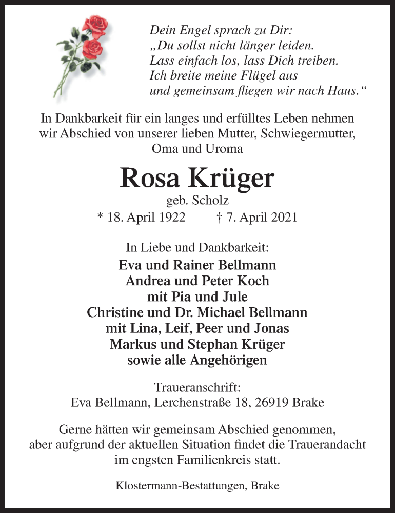  Traueranzeige für Rosa Krüger vom 09.04.2021 aus Nordwest-Zeitung