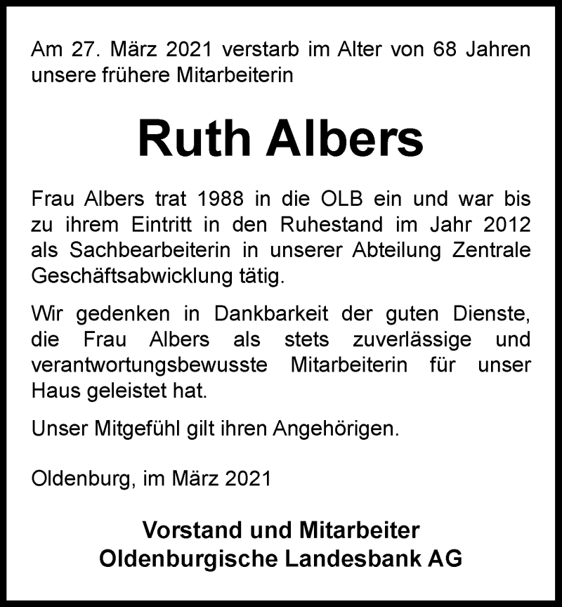  Traueranzeige für Ruth Albers vom 03.04.2021 aus Nordwest-Zeitung