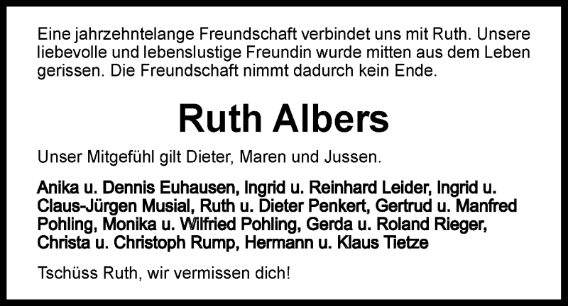  Traueranzeige für Ruth Albers vom 03.04.2021 aus Nordwest-Zeitung