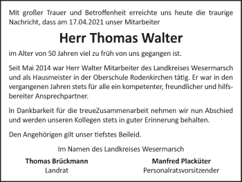 Traueranzeige von Thomas Walter von Nordwest-Zeitung