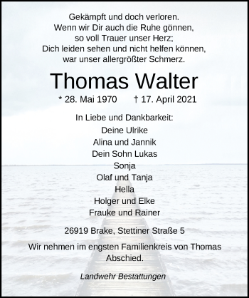 Traueranzeige von Thomas Walter von Nordwest-Zeitung