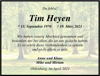 Traueranzeige von Tim Heyen von Nordwest-Zeitung