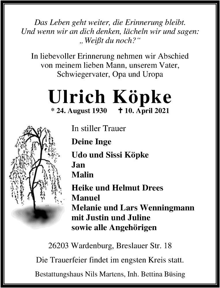  Traueranzeige für Ulrich Köpke vom 14.04.2021 aus Nordwest-Zeitung