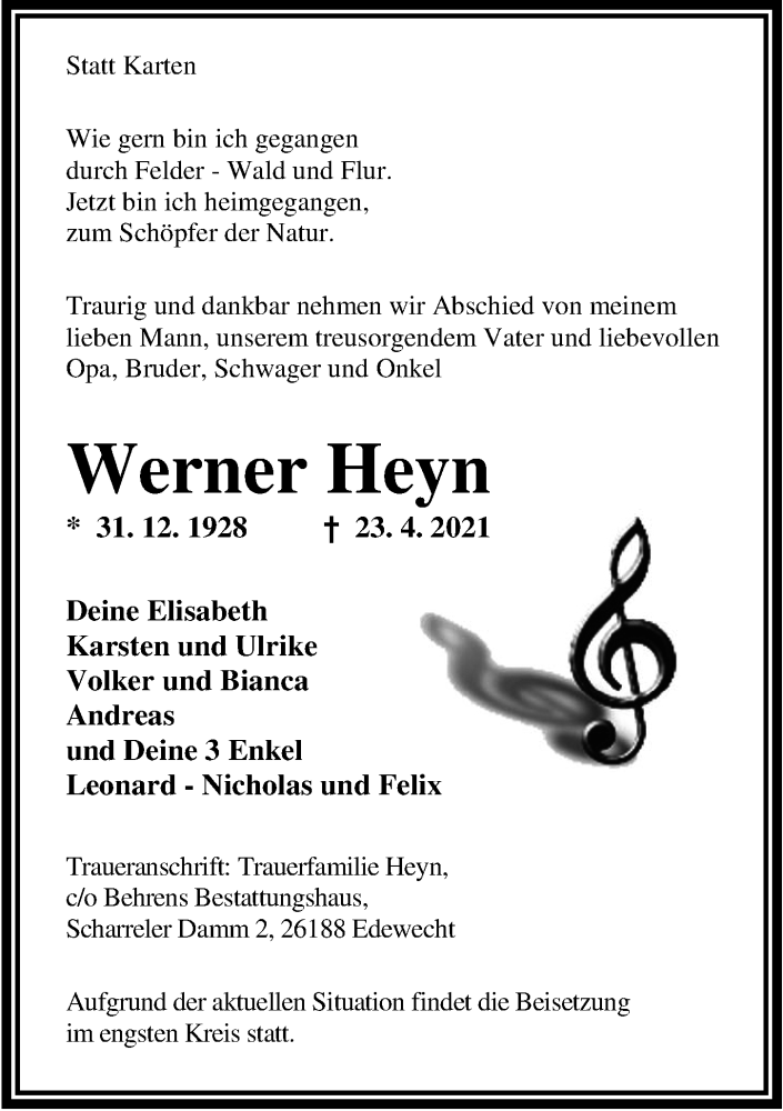  Traueranzeige für Werner Heyn vom 27.04.2021 aus Nordwest-Zeitung