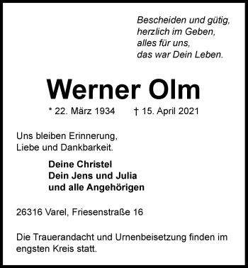 Traueranzeige von Werner Olm von Nordwest-Zeitung