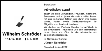 Traueranzeige von Wilhelm Schröder von Nordwest-Zeitung