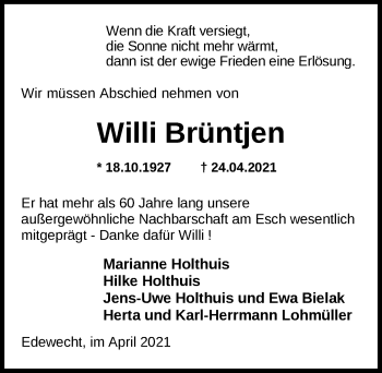 Traueranzeige von Willi Brüntjen von Nordwest-Zeitung