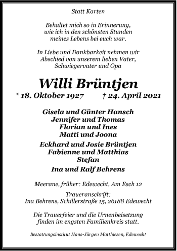 Traueranzeige von Willi Brüntjen von Nordwest-Zeitung