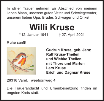 Traueranzeige von Willi Kruse von Nordwest-Zeitung