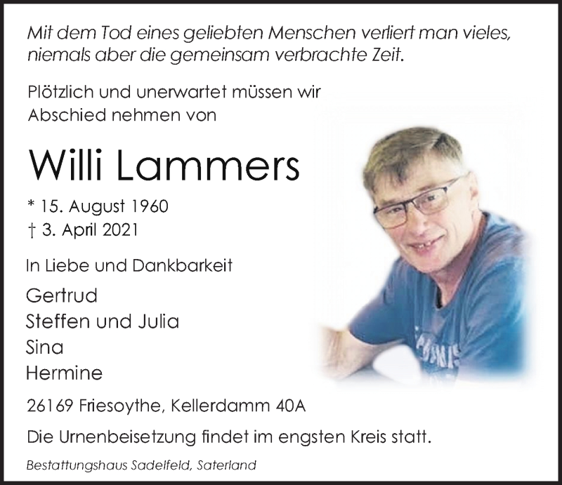  Traueranzeige für Willi Lammers vom 08.04.2021 aus Nordwest-Zeitung