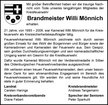 Traueranzeige von Willi Mönnich von Nordwest-Zeitung