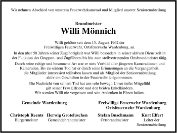 Traueranzeige von Willi Mönnich von Nordwest-Zeitung