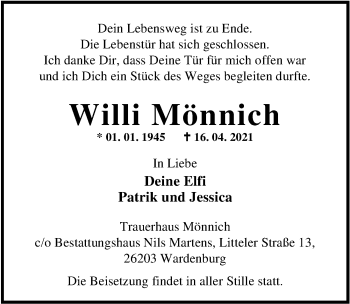 Traueranzeige von Willi Mönnich von Nordwest-Zeitung