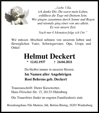 Traueranzeige von Helmut Deckert von Nordwest-Zeitung