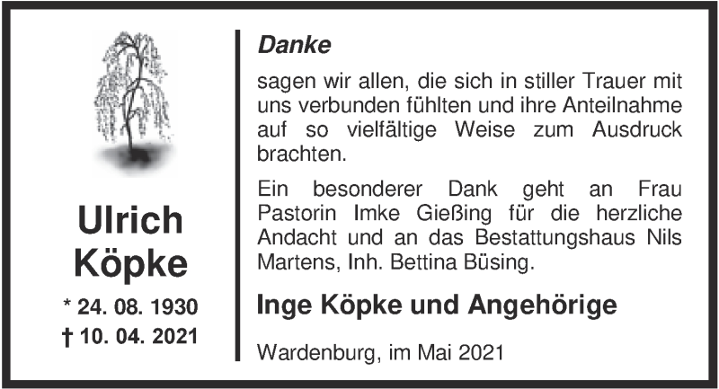  Traueranzeige für Ulrich Köpke vom 08.05.2021 aus Nordwest-Zeitung