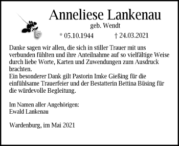 Traueranzeige von Anneliese Lankenau von Nordwest-Zeitung
