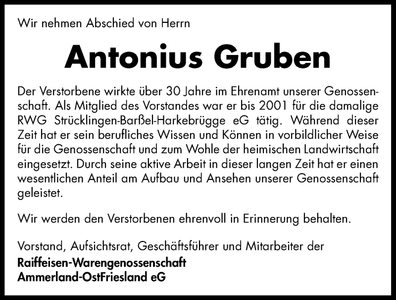  Traueranzeige für Antonius Gruben vom 04.05.2021 aus Nordwest-Zeitung