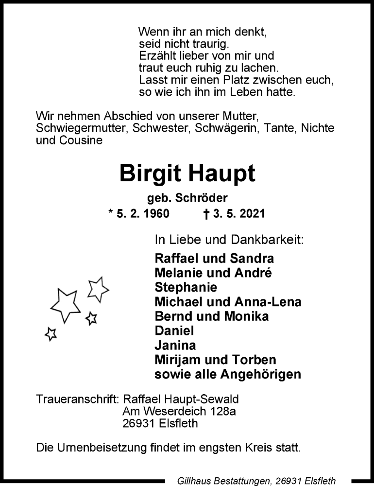  Traueranzeige für Birgit Haupt vom 07.05.2021 aus Nordwest-Zeitung