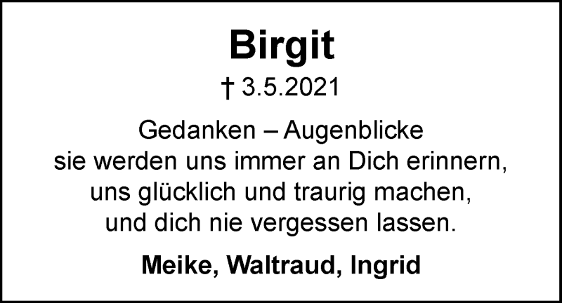  Traueranzeige für Birgit Haupt vom 07.05.2021 aus Nordwest-Zeitung