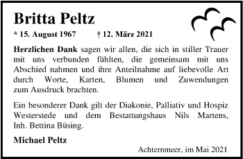 Traueranzeige von Britta Peltz von Nordwest-Zeitung