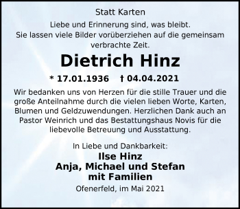 Traueranzeige von Dietrich Hinz von Nordwest-Zeitung