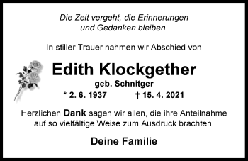 Traueranzeige von Edith Klockgether von Nordwest-Zeitung