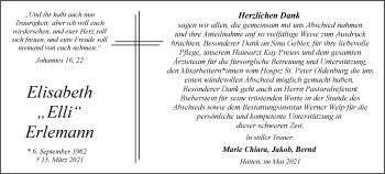 Traueranzeige von Elisabeth Erlemann von Nordwest-Zeitung