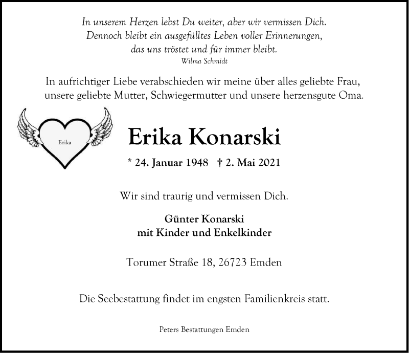  Traueranzeige für Erika Konarski vom 04.05.2021 aus Emder Zeitung