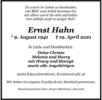 Traueranzeige von Ernst Hahn von Nordwest-Zeitung