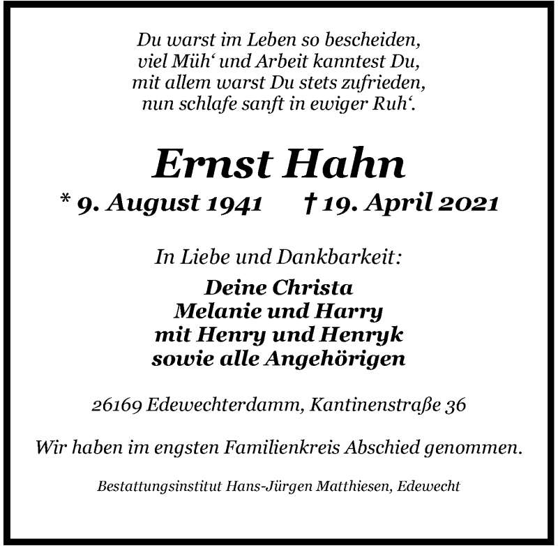  Traueranzeige für Ernst Hahn vom 07.05.2021 aus Nordwest-Zeitung