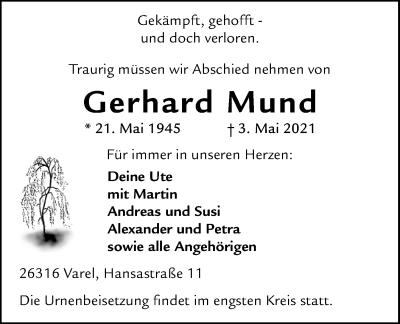  Traueranzeige für Gerhard Mund vom 07.05.2021 aus Nordwest-Zeitung