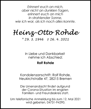 Traueranzeige von Heinz-Otto Rohde von Nordwest-Zeitung