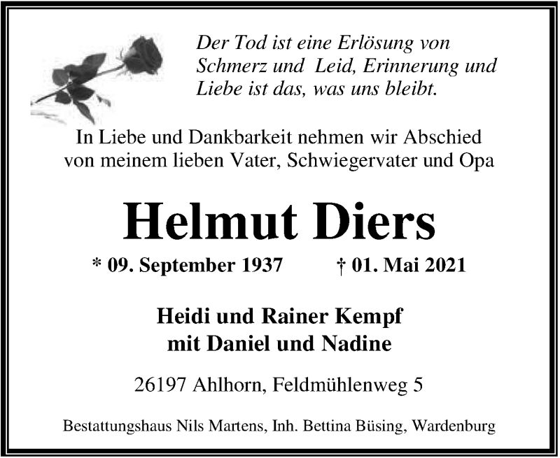  Traueranzeige für Helmut Diers vom 06.05.2021 aus Nordwest-Zeitung