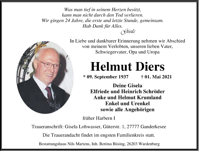  Traueranzeige für Helmut Diers vom 06.05.2021 aus Nordwest-Zeitung