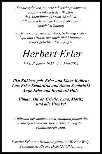 Traueranzeige von Herbert Erler von Nordwest-Zeitung