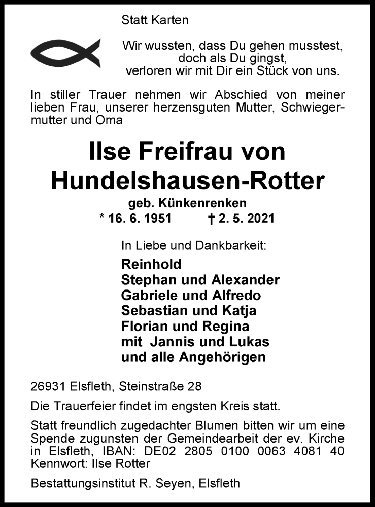  Traueranzeige für Ilse Freifrau von Hundelshausen-Rotter vom 04.05.2021 aus Nordwest-Zeitung